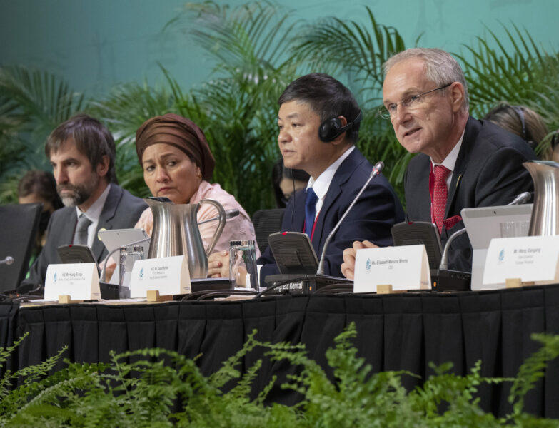 Csaba Korosi till höger, ordförande för FN:s generalförsamling, talar under öppningsceremonin för högnivådelen vid COP15 på torsdagen.