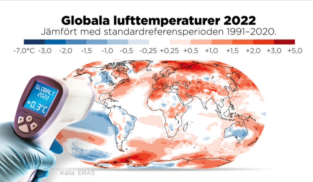 Medeltemperaturen i världen 2022 jämfört med standardreferensperioden 1991–2020.