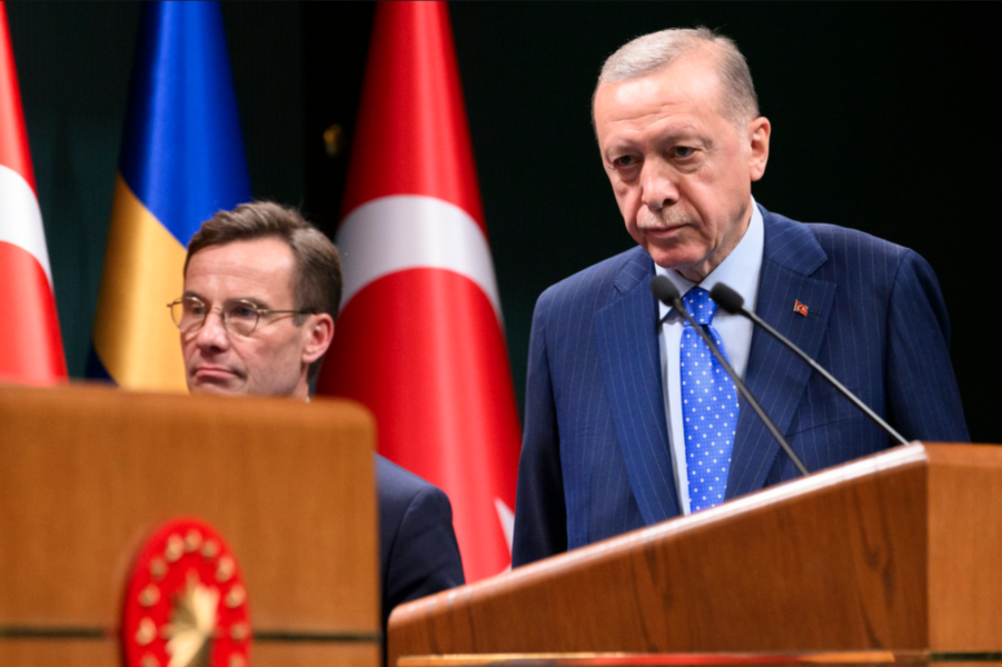 Statsminister Ulf Kristersson (M) under en presskonferens med Turkiets president Recep Tayyip Erdogan i november förra året.