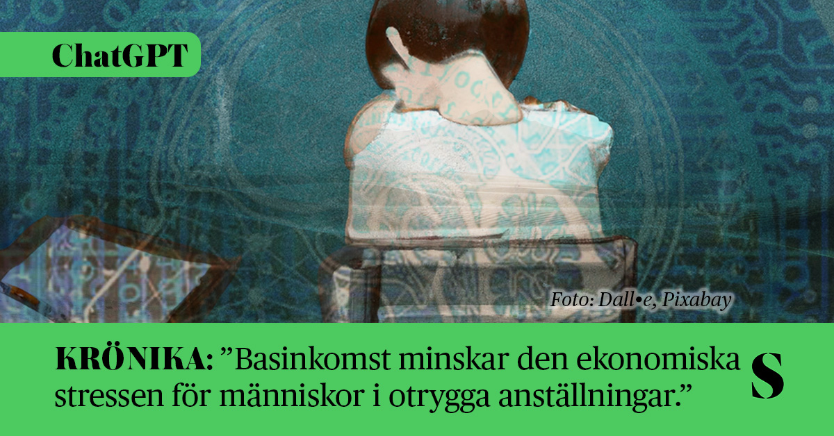 Bilden föreställer en skribent som förlorat jobbet till AIn, och är målad av DALL·E, sedan sammanfogad med en bild från Pixabay.