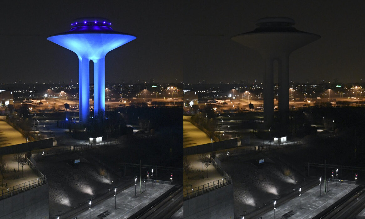 Vattentornet i Hyllie, Skåne, har släckts under Earth hour.