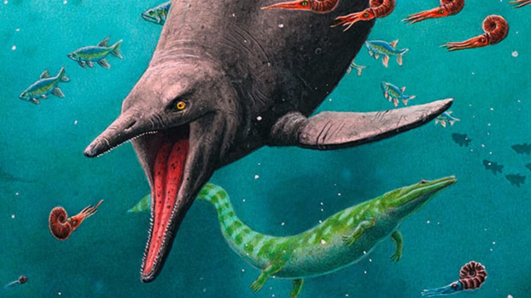 Rekonstruktion av den tidigaste ichthyosauren och det 250 miljoner år gamla ekosystemet som återfunnits på Spetsbergen.