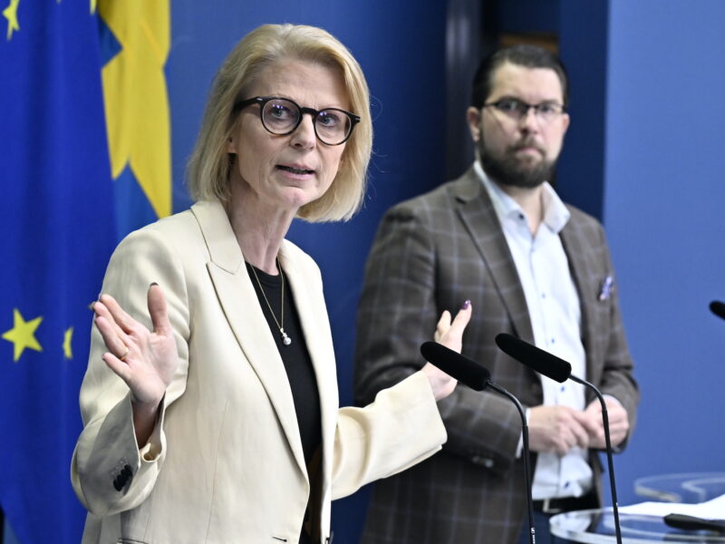 Pressträff med finansminister Elisabeth Svantesson (M) och Sverigedemokraternas partiledare Jimmie Åkesson i regeringskansliet.