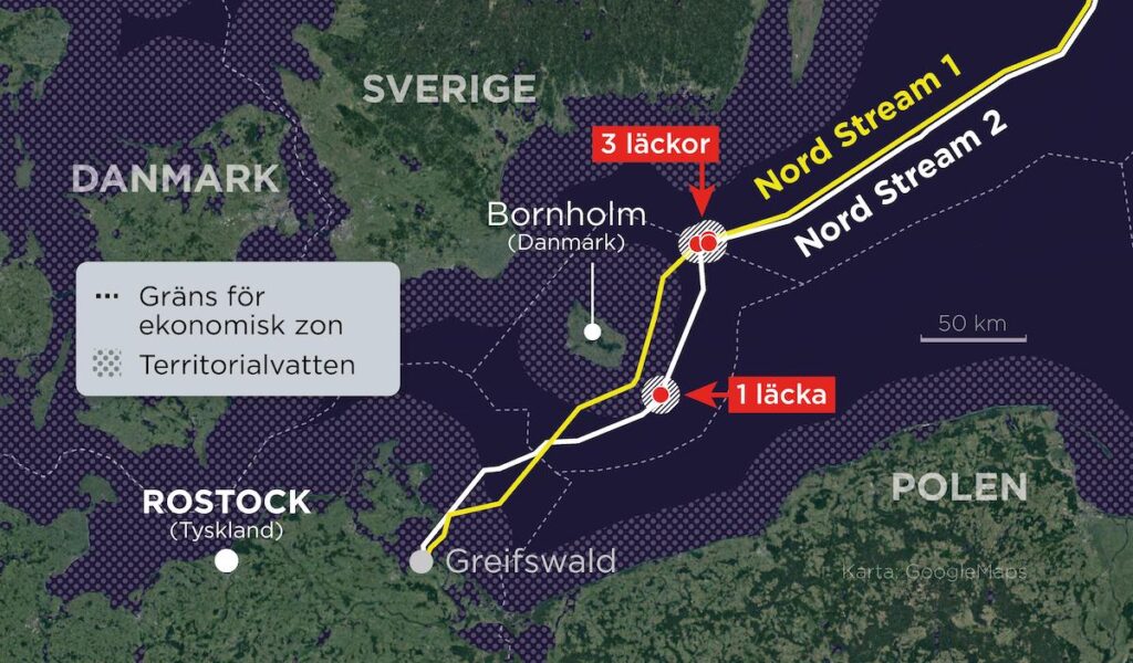 Webbkarta över gasledningens sträckning samt Rostock utmärkt där en båt inblandad i sprängningarna kan ha avgått.