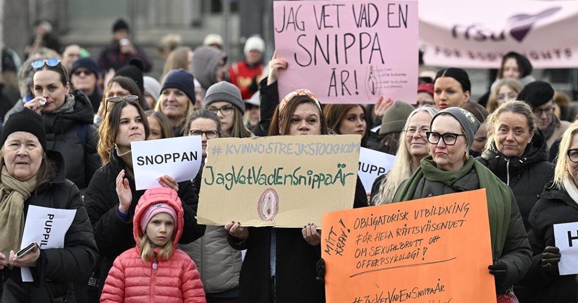 Demonstranter på Medborgarplatsen i Stockholm den 3 mars efterlyser mer kunskap i domstolarna.