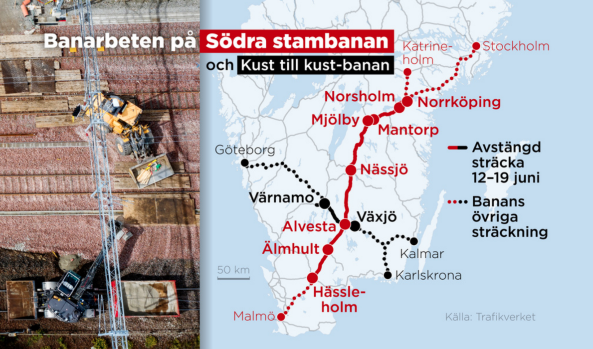 Avstängda sträckor under vecka 24 Södra stambanan och Kust till kust-banan.