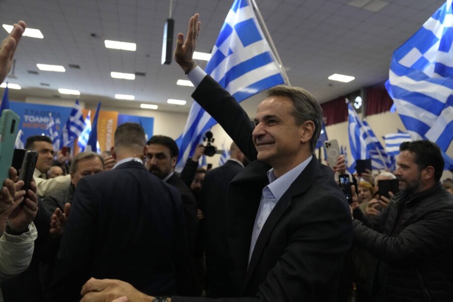 Greklands premiärminister Kyriakos Mitsotakis under ett valmöte i Volos förra veckan.