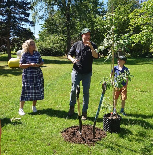 Botanisten Henrik Sjöman planterade en ungersk ek, ackompanjerad av sin son och trädgårdsjournalisten Gunnel Karlsson.
