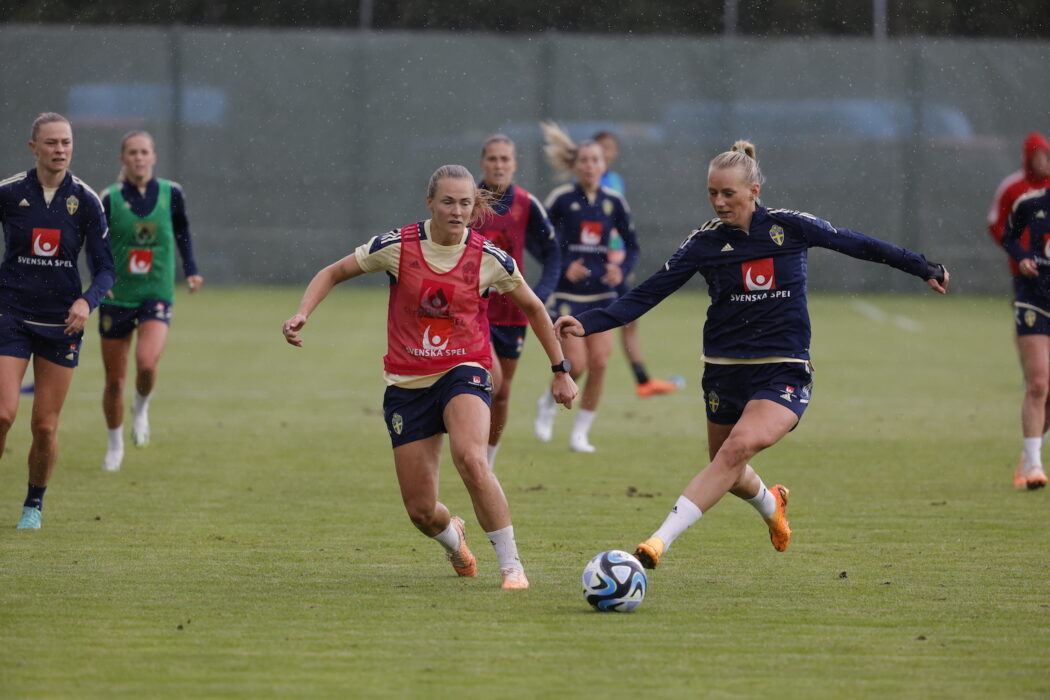 Magdalena Eriksson och Stina Blackstenius och de andra i damernas landslag under en träning inför VM.