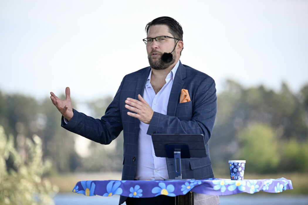 Sverigedemokraternas partiledare Jimmie Åkesson i Sölvesborg på lördagen.