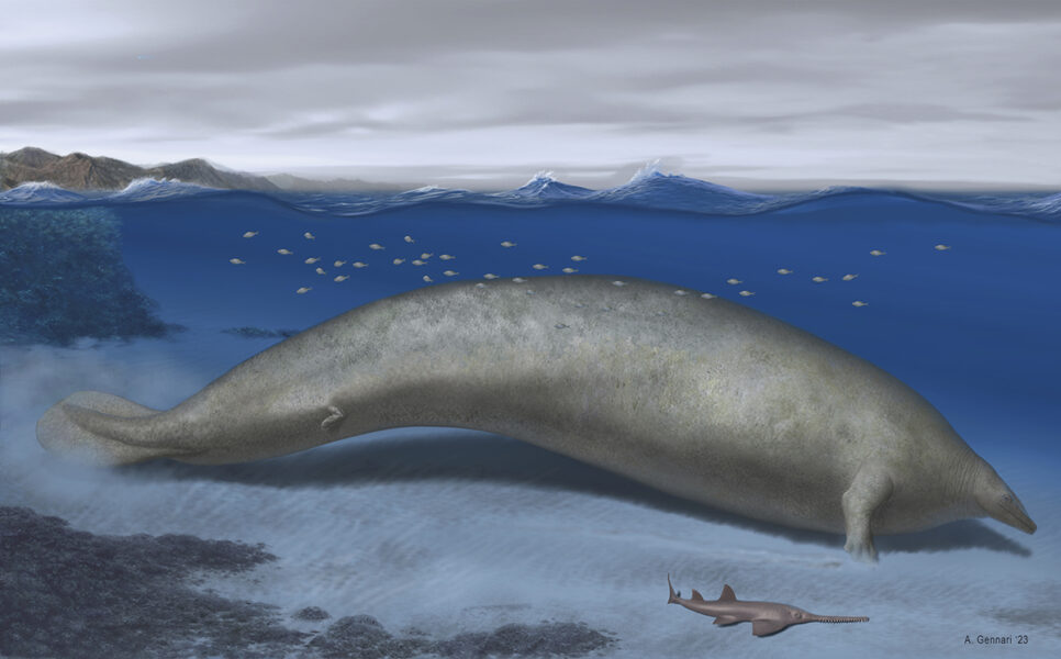 Illustration från 2023 av konstnären Alberto Gennari, där Perucetus colossus rekonstruerats i kustmiljö med en uppskattad kroppslängd på 20 meter.