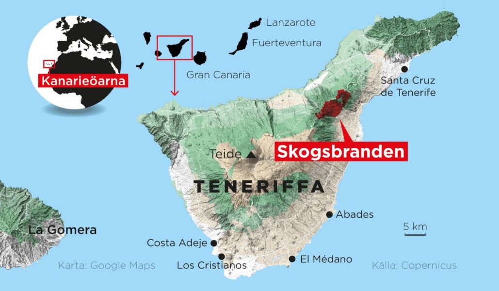 Brandområdet ligger på den nordöstra sidan av vulkanen Teide, Spaniens högsta berg.