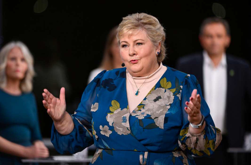 Höyres partiledare Erna Solberg under fredagens partiledardebatt.
