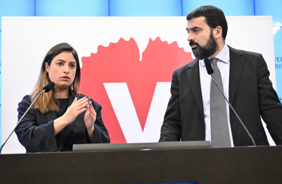 Vänsterpartiets partiledare Nooshi Dadgost (V) och ekonomiskpolitiska talesperson Ali Esbati (V) presenterar partiets skuggbudget.