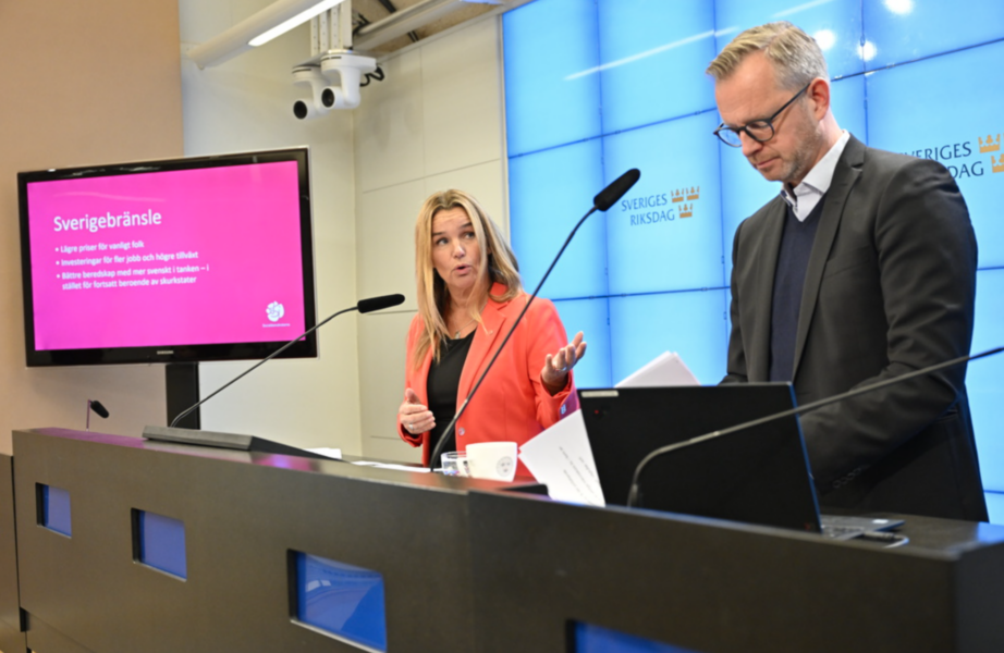 Mikael Damberg, ekonomisk-politisk talesperson och Anna-Caren Sätherberg, klimatpolitisk talesperson vid pressträffen.