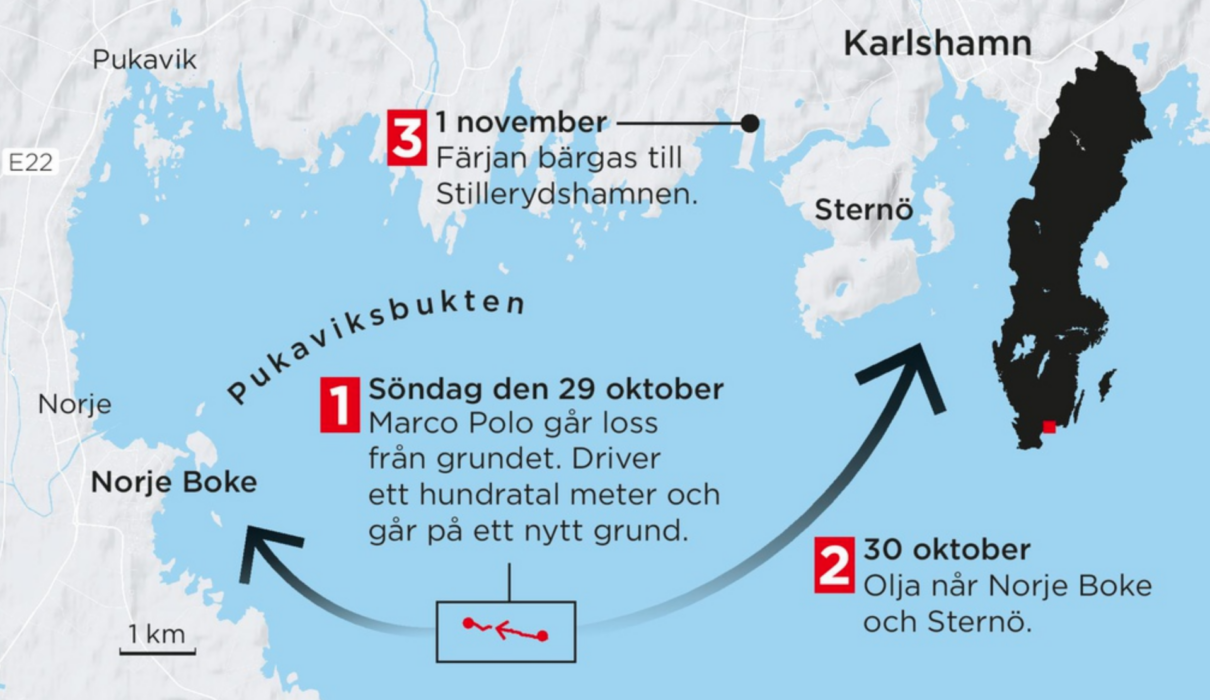 Den grundstötta färjan Marco Polo på tisdagen.