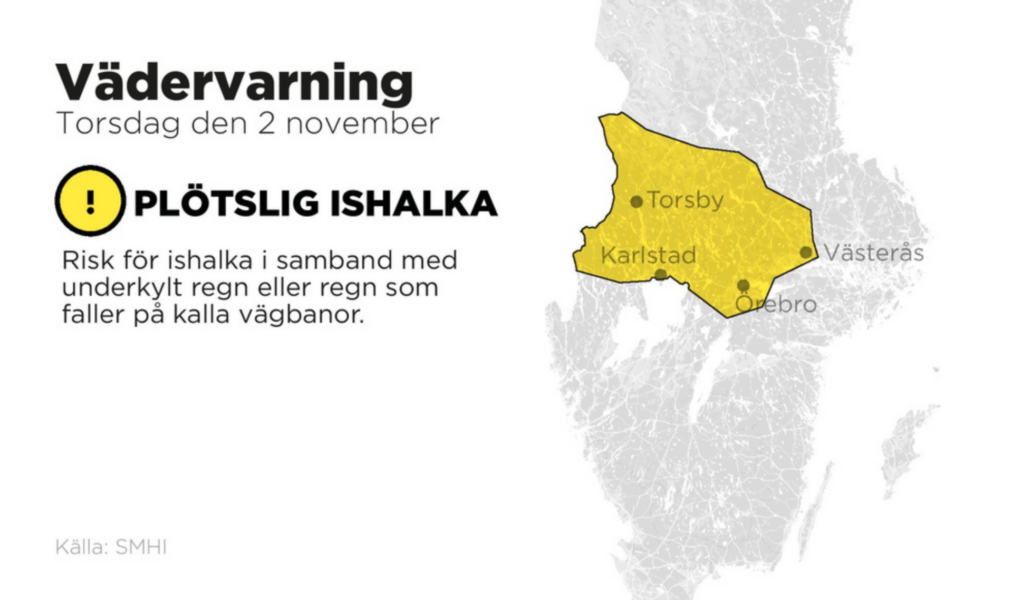 Grafik: Johan Hallnäs/TTSMHI varnar för ishalka i sydvästra Svealand.