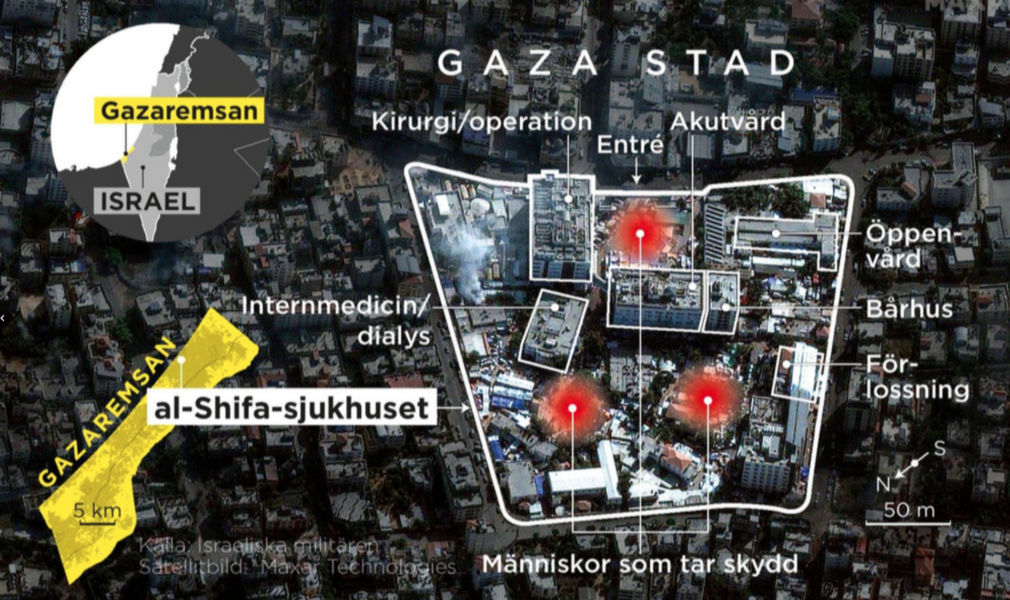 Området runt al-Shifa, Gazaremsans största sjukhus, har hamnat i fokus för striderna i området de senaste dagarna.