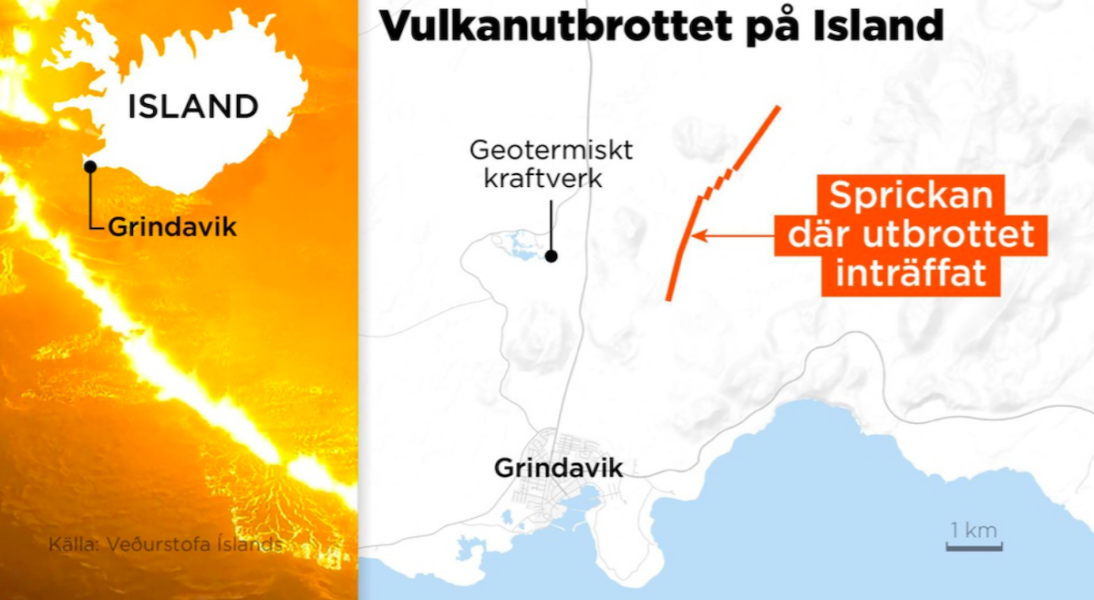 Kartan visar sprickan där utbrottet inträffat ca tre kilometer från samhället Grindavik på Island.