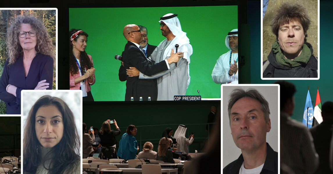 FN:s klimatchef Simon Stiell och Sultan al-Jaber, chef för Saudiarabiens statliga oljebolag och ordförande för COP28, kramar om varandra efter klimatmötet.