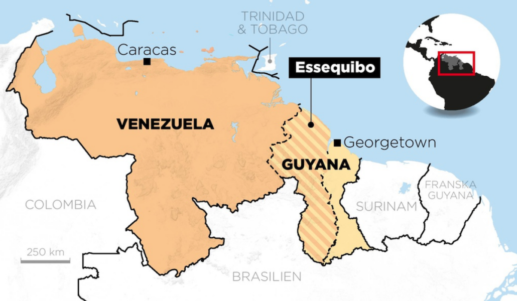 Kartan visar Essequibo-regionen i Guyana som Venezuela gör anspråk på.