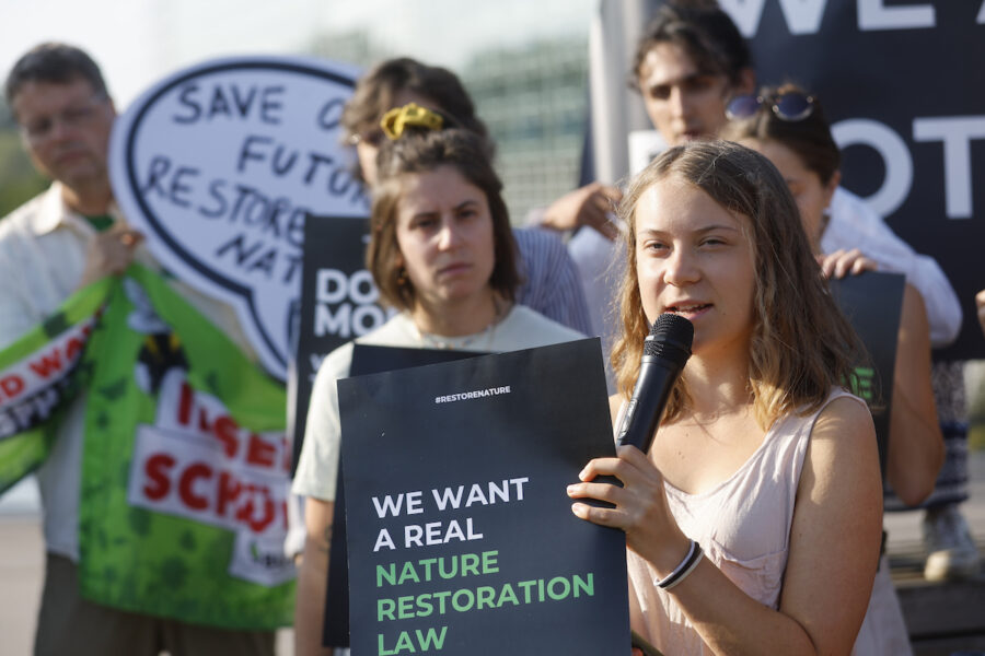 Svenska klimataktivisten Greta Thunberg utanför EU-parlamentet inför en omröstning om EU:s naturrestaureringslag i somras.