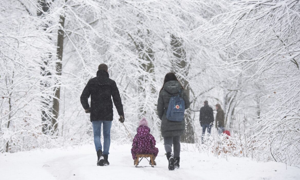 Familj går i snön