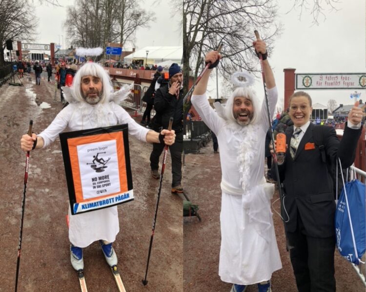 Samuel Jarrick och Terese Nilsson klädde ut sig till Snöängel och oljebolagsdirektör för att protestera mot att oljebolaget Preem är huvudsponsor för Vasaloppet.