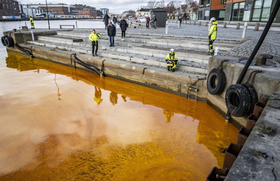 Vattnet i hamnen i Karlshamn färgades orange av sojaolja.