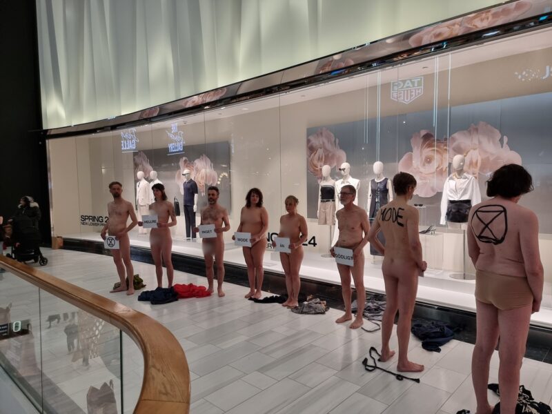 Åtta av aktivisterna valde att klä av sig för att visa på den "nakna sanningen" med snabbmode.