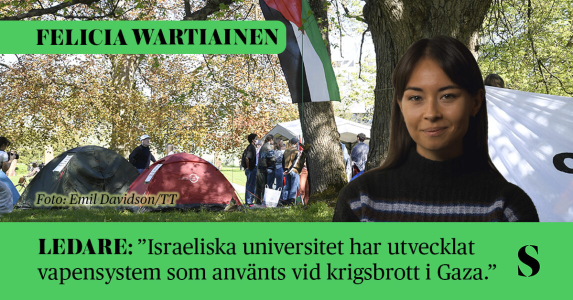I förgrunden: ett porträtt av skribenten. I bakgrunden: Studenter tältar vid Stockholms universitet och i ett träd hänger en palestinsk flagga.