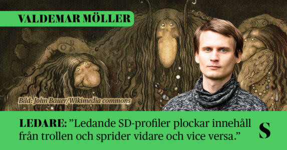 I förgrunden: Ett porträtt av författaren. I bakgrunden: Tre troll (tecknade av John Bauer) som ser väldigt belåtna ut.