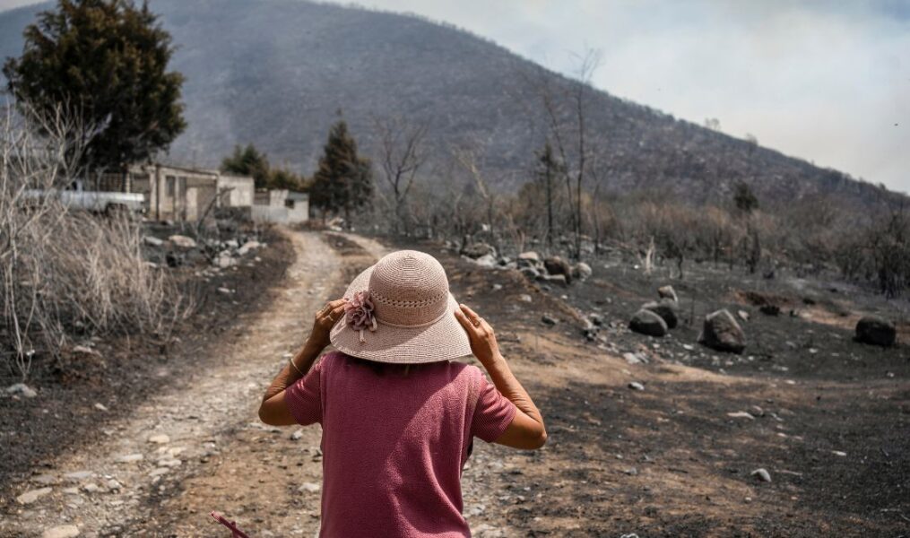 Kvinna betraktar ett landskap härjat av bränder i Mexiko.