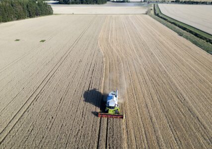 Skördetröska på en åker.