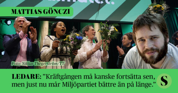 Förgrund: Skribenten. Bakgrund: MP-politiker jublar under valvakan.