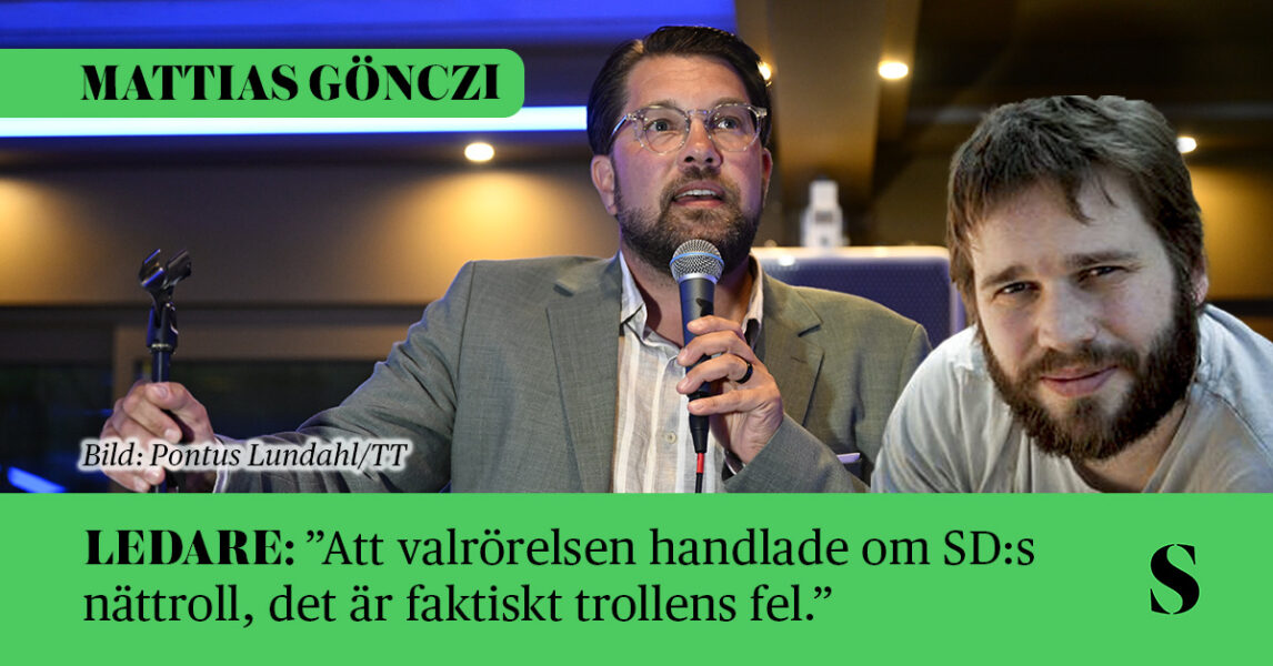 Förgrund: Skribenten. Bakgrund: Jimmie Åkesson talar i mikrofon på EU-valvakan. Han ser inte glad ut.