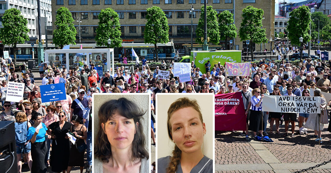 I förgrunden: porträtt av två av debattörerna. I bakgrunden: en stor demonstration på ett torg i solsken.