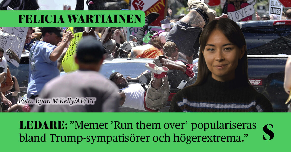 En bil har kört in i en demonstration och folk far åt alla håll. Skribenten i förgrunden.