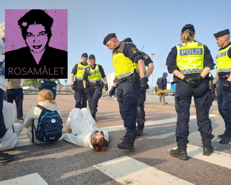 Poliser står runtom två sittande och liggande klimataktivister. Infäld bild: logga med bild på Rosa Parks.