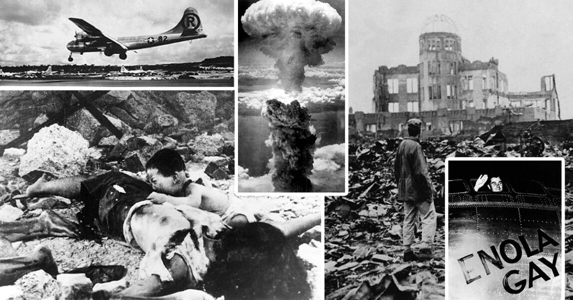 Fotocollage med bilder från bombningen av Hiroshima: ett flygplan, ett svampmoln, en utblåst ruin och en pilot som tittar ut genom ett flygplansfönster.