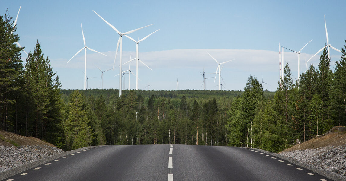 En väg genom en skog och flera vindkraftverk.