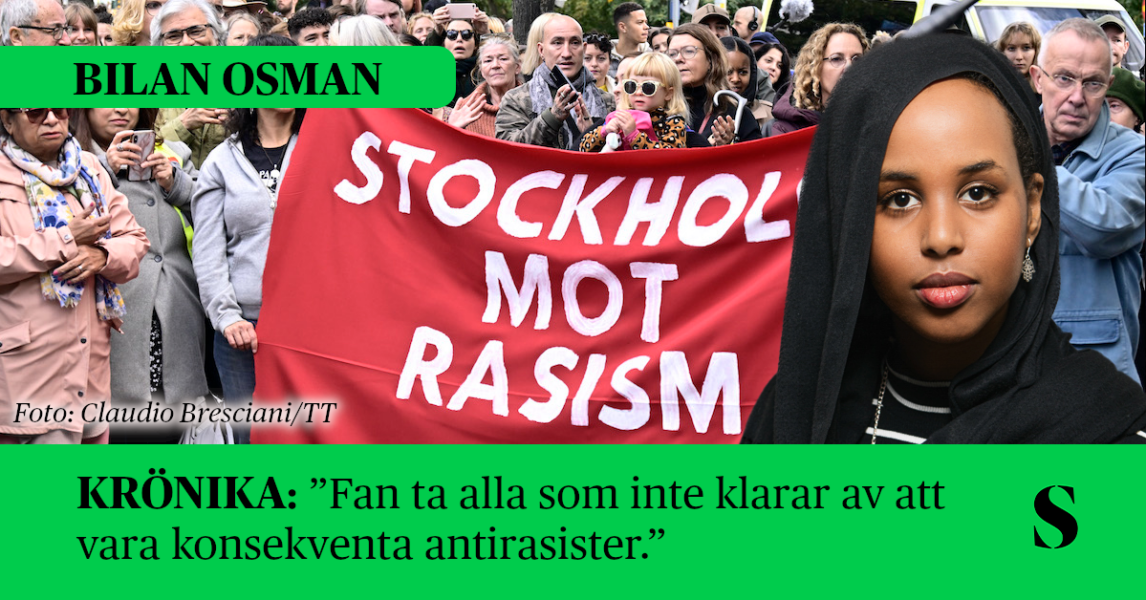 Demonstration mot rasism, skribenten i förgrunden.