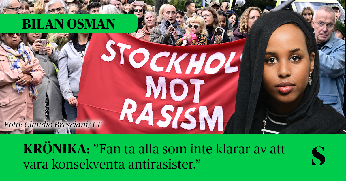Demonstration mot rasism, skribenten i förgrunden.
