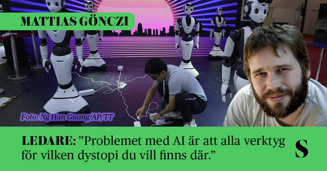 Robotar på en scen och en kille som fixar med sladdar.