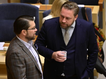 Åkesson pratar med Karlsson i riksdagen