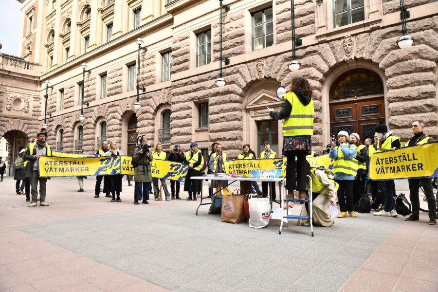 Aktivister från Återställ våtmarker utanför riksdagen.