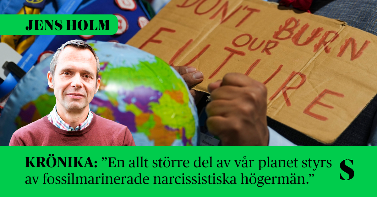 En jordglob och en skylt där det står "Don't burn our future". Skribenten i förgrunden.