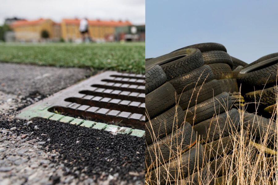 Granulat från en fotbollsplan och däck staplade på en hög.