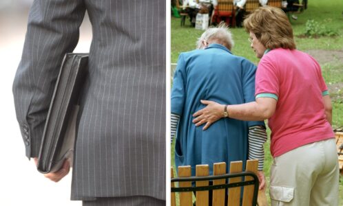 Bildcollage man i kostym med portfölj, kvinnlig personal hjälper äldre person att resa sig