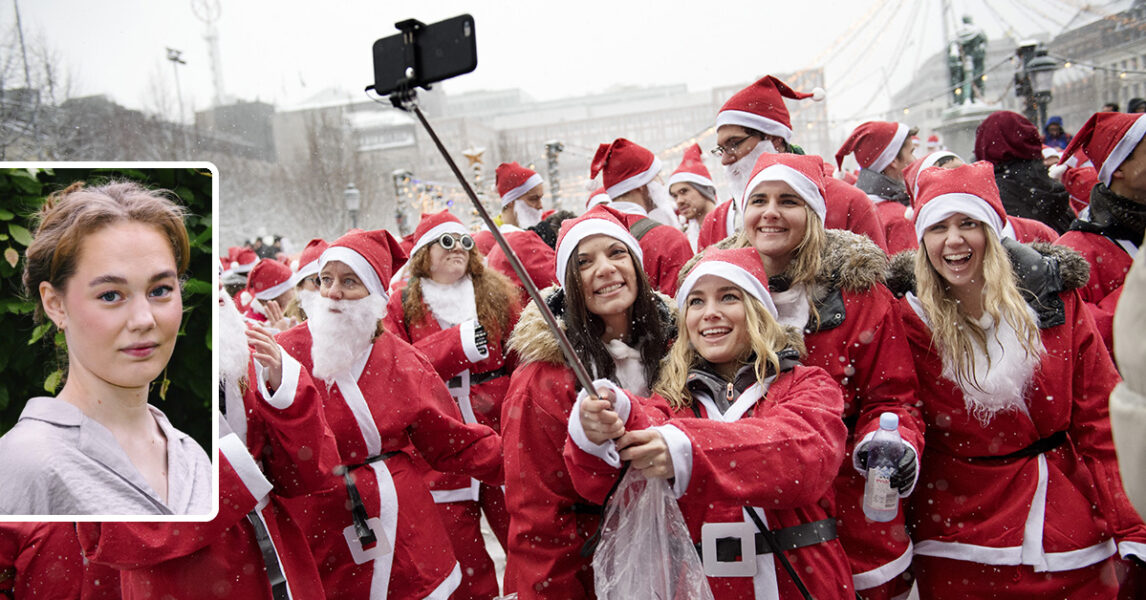 Glada tomtar tar en selfie. Skribenten inklippt.